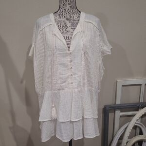 Lane Bryant Women's SZ 26/28 tunic top Ivory w/gold metalic‎ flowy boho ethereal